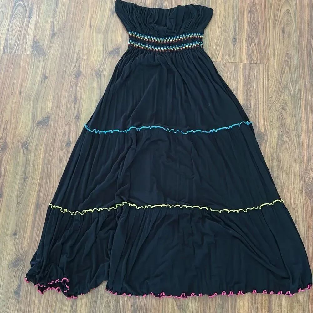 Gilli Cute black strapless peasant dress colorful ankle length Y2K size small